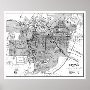 Poster Mapa do vintage de Ottawa Canadá (1915) BW
