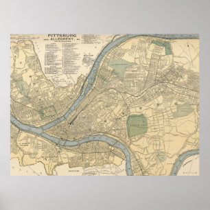 Póster Mapa do vintage de PA de Pittsburgh (1891)