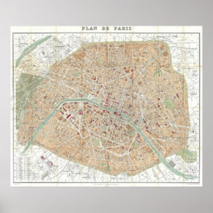 Poster Mapa do vintage de Paris (1892)