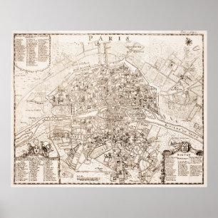 Póster Mapa do vintage de Paris France (1742)