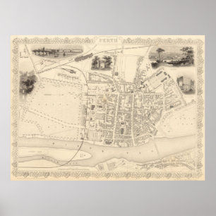 Poster Mapa do vintage de Perth Scotland (1851)
