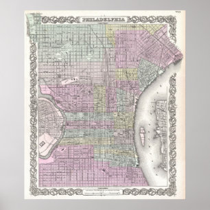 Póster Mapa do vintage de Philadelphfia (1855)