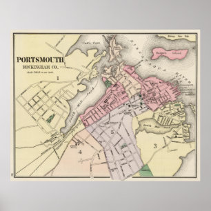Poster Mapa do vintage de Portsmouth NH (1877)