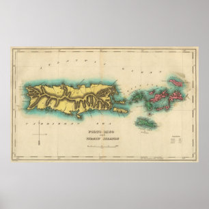 Poster Mapa do vintage de Puerto Rico & de Virgin Islands