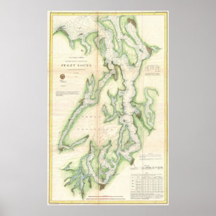 Póster Mapa do vintage de Puget Sound (1867)