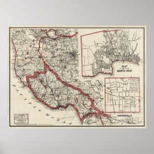 Poster Mapa do vintage de Santa Cruz County CA (1914)