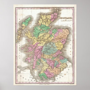 Poster Mapa do vintage de Scotland (1827)
