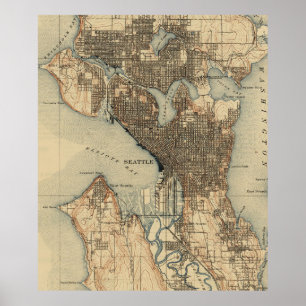 Póster Mapa do vintage de Seattle Washington (1908) 2