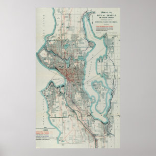Póster Mapa do vintage de Seattle Washington (1911)