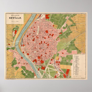 Poster Mapa do vintage de Sevilha Espanha (1918)