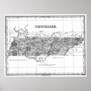 Póster Mapa do vintage de Tennessee (1827) BW