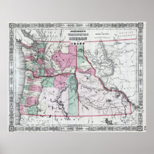 Poster Mapa do vintage de Washington, de Oregon e de