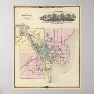 Poster Mapa do vintage de WI de Oshkosh (1878)