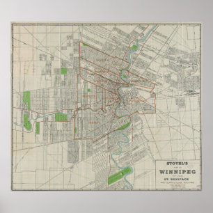 Póster Mapa do vintage de Winnipeg Canadá (1917)