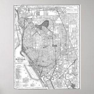 Póster Mapa do vintage do búfalo New York (1891) BW