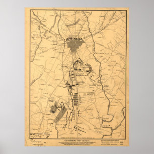 Póster Mapa do vintage do campo de batalha de Gettysburg