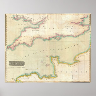 Póster Mapa do vintage do canal inglês (1814)