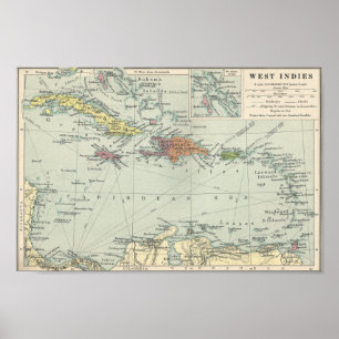 Poster Mapa do vintage do caribe e das Índias Ocidentais