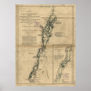 Poster Mapa do vintage do lago Champlain & do lago George