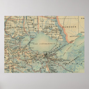 Poster Mapa do vintage do lago Pontchartrain (1896)