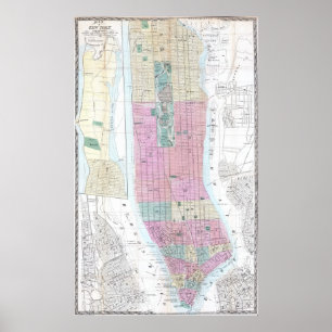Poster Mapa do vintage do Lower Manhattan (1865)