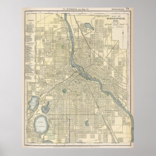 Póster Mapa do vintage do manganês de Minneapolis (1891)