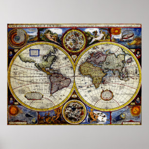 Póster Mapa do vintage do mundo (1626) - estilizado