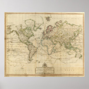 Póster Mapa do vintage do mundo (1800)