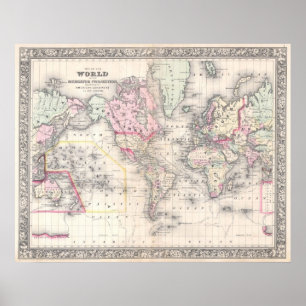 Póster Mapa do vintage do mundo (1864)