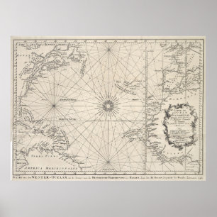 Póster Mapa do vintage do Oceano Atlântico (1746)