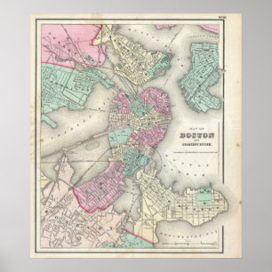 Poster Mapa do vintage do porto de Boston (1857)