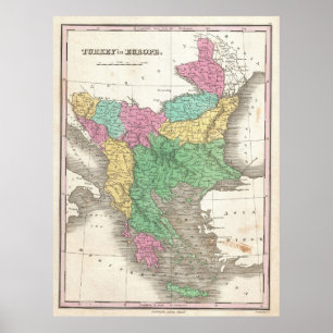 Póster Mapa do vintage dos Balcãs (1827)