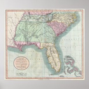Póster Mapa do vintage Dos E.U. do sudeste (1806)