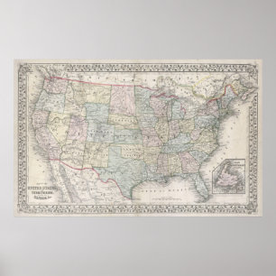 Póster Mapa do vintage dos Estados Unidos (1867)