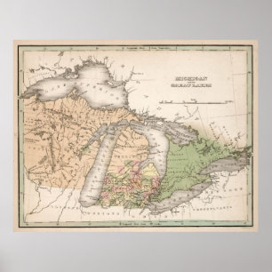 Poster Mapa do vintage dos grandes lagos (1837)