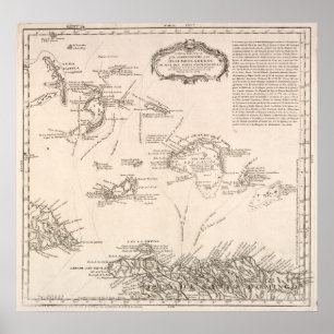 Poster Mapa do vintage dos turcos e do Caicos (1782)