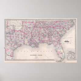 Poster Mapa do Vintage nos Estados Unidos do Sul (1868)