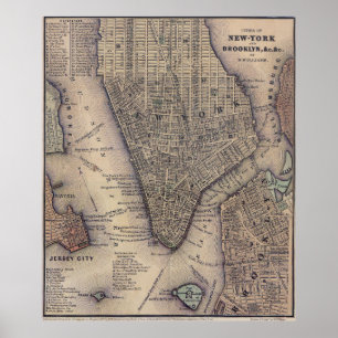 Poster Mapa do Vintage NYC e Brooklyn (1847)