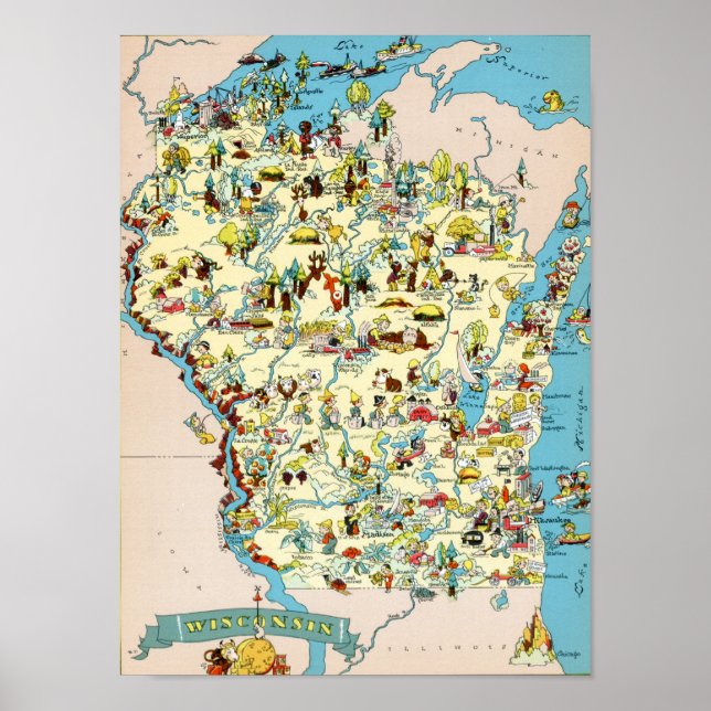 Póster Mapa do Wisconsin Funny Vintage (Frente)