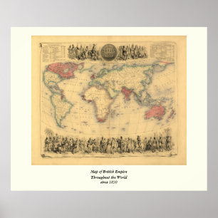 Póster mapa dos 1850's do Império Britânico no mundo