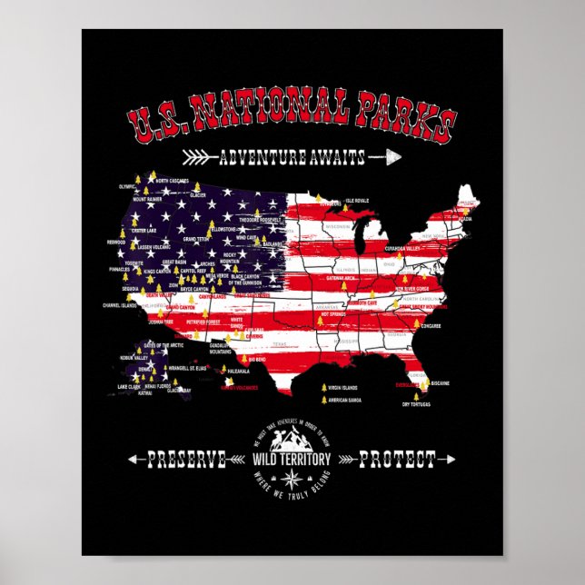 Poster Mapa dos 63 Parques Nacionais - Bandeira Americana (Frente)