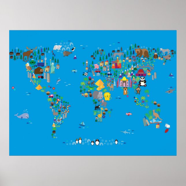 Poster Mapa dos animais do mundo para crianças e crianças (Frente)