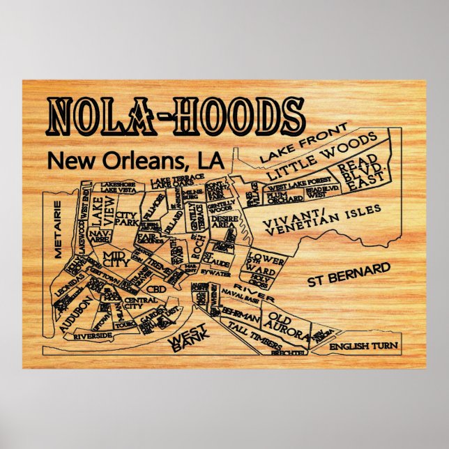 Póster Mapa dos bairros de Nova Orleans - Nola-Hood (Frente)
