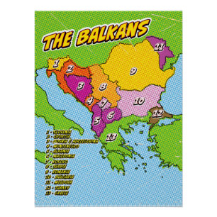 Póster Mapa dos Balcãs Ilustrado em Pop Art