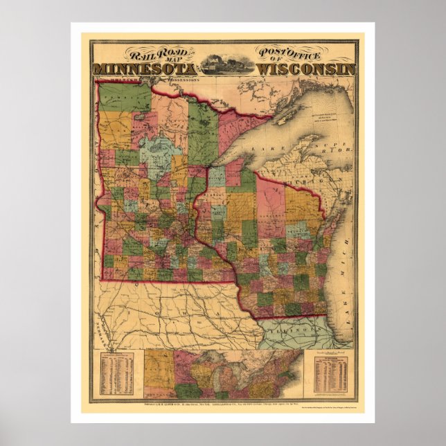 Poster Mapa dos Caminhos de Ferro de Minnesota e Wisconsi (Frente)