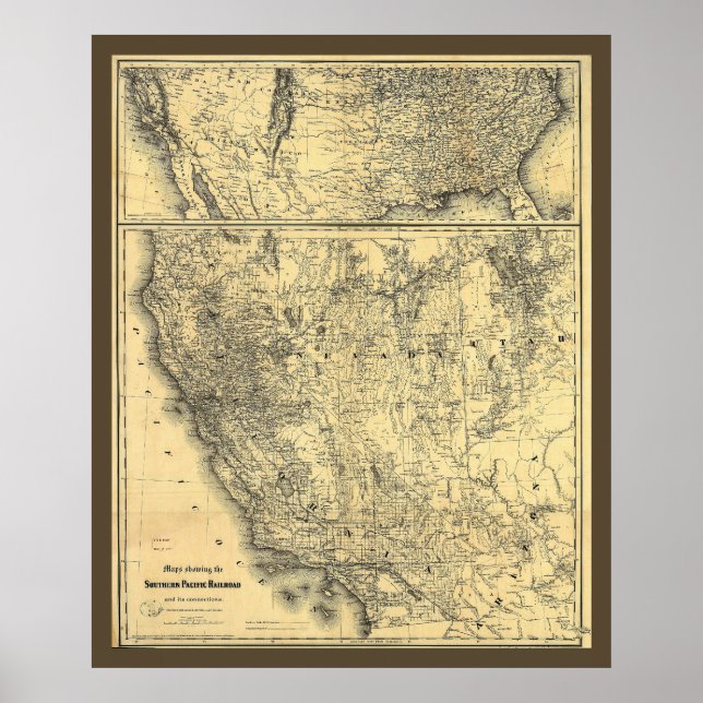 Póster Mapa dos Caminhos de Ferro do Pacífico Sul em 1875 (Frente)