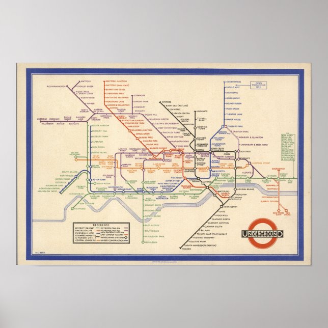 Poster Mapa dos Caminhos de Ferro Subterrâneos de Londres (Frente)