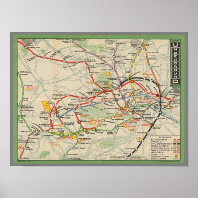 Poster Mapa dos Caminhos de Ferro Subterrâneos de Londres (Frente)