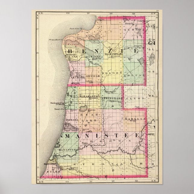 Póster Mapa dos condados Benzie e Manistee, Michigan (Frente)