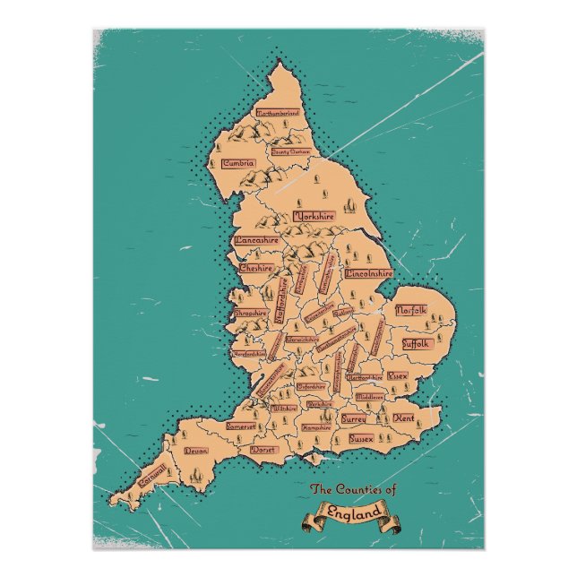 Póster Mapa dos condados da Inglaterra Vintage (Frente)